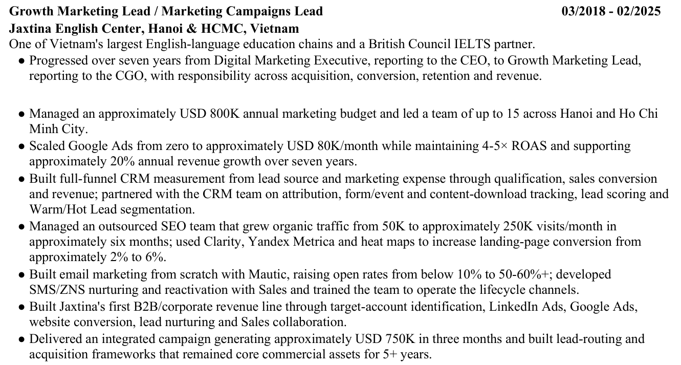 Original CV excerpt detailing my role and reported results at Jaxtina