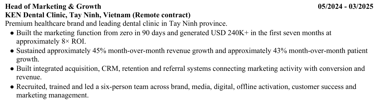 Original CV excerpt detailing my role and reported results at KEN Dental