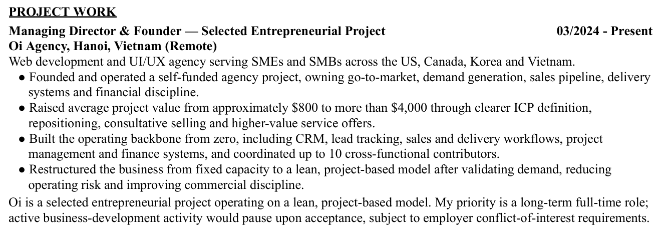 Original CV excerpt detailing my role and reported results at Oi Agency